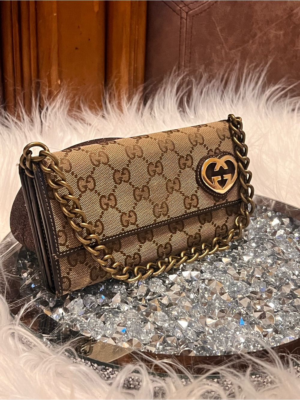 Gucci Beige Brown GG Canvas with Gold Heart Emblem free unbranded chain wallet